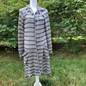 Hooded gray/cream open weave duster M